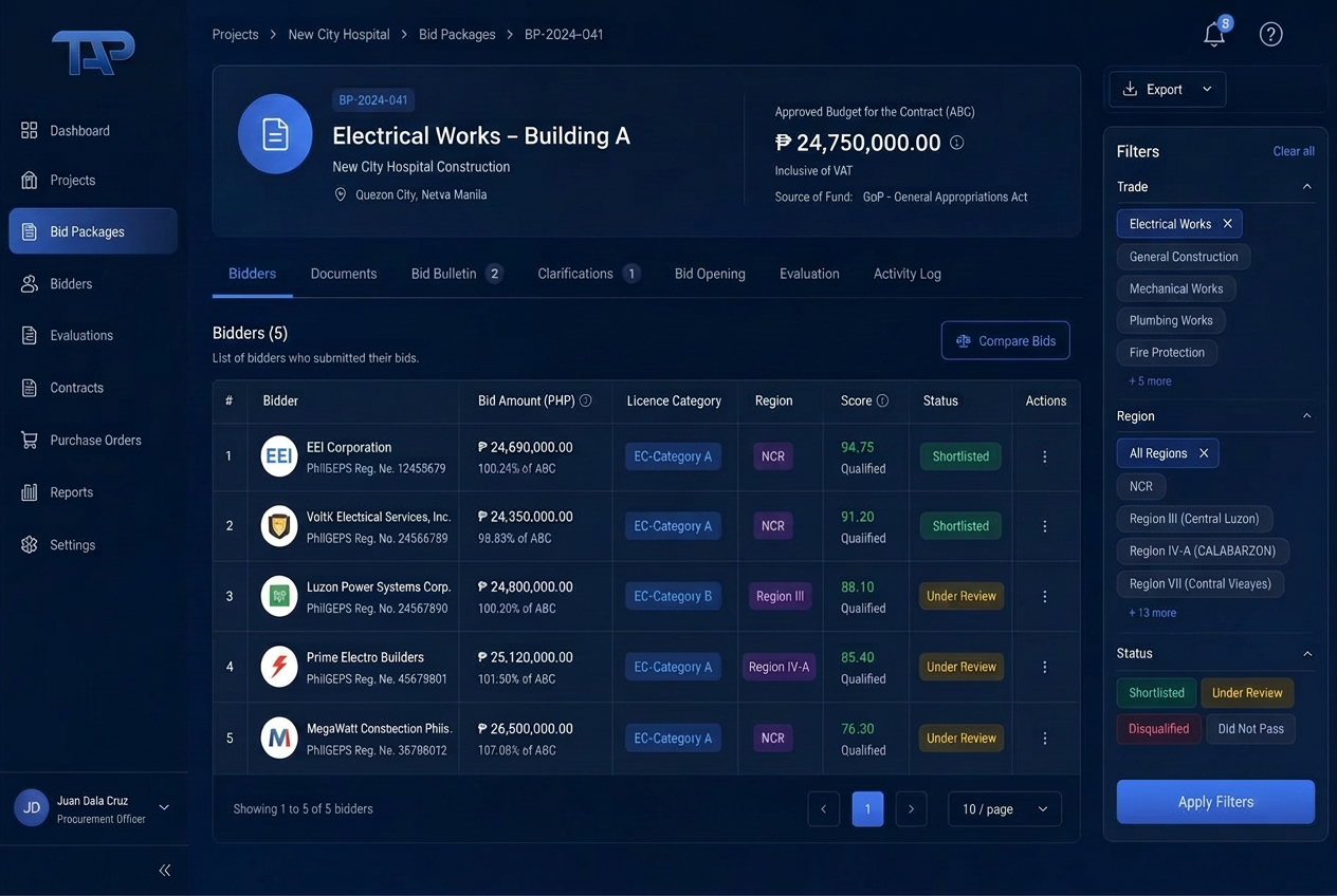 TAP Procurement & bidding screen preview